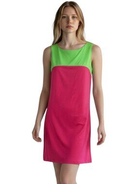 ASDS Women Colorblock Sleeveless Mini Dress Lime Green Pink Scoop Neck Summer L